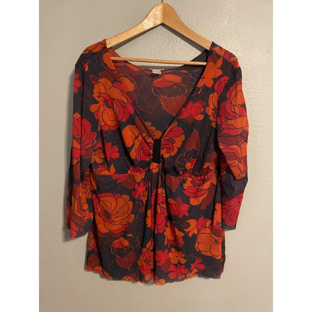 Johnny Heaven Tunic Top Womens Large Floral Mesh Sheer Babydoll Boho Y2K READ